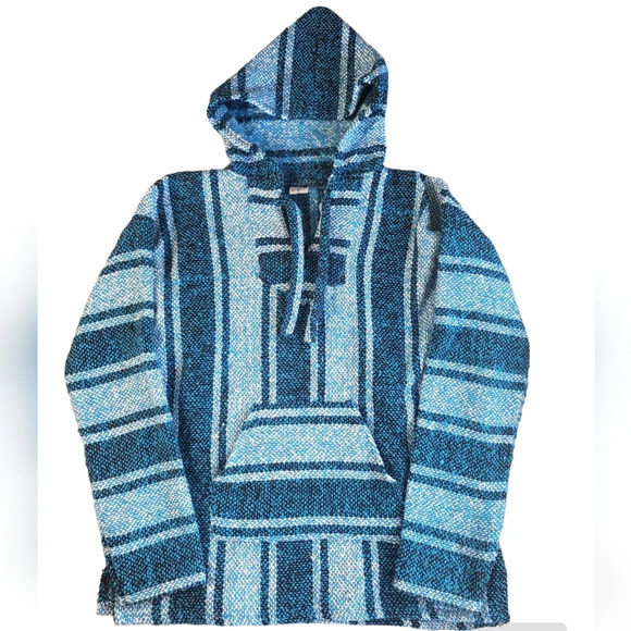 Art-Maz Baja Hoodie Unisex Small Blue Stripes Drug Rug Mexican Poncho Hippie - Picture 9 of 9
